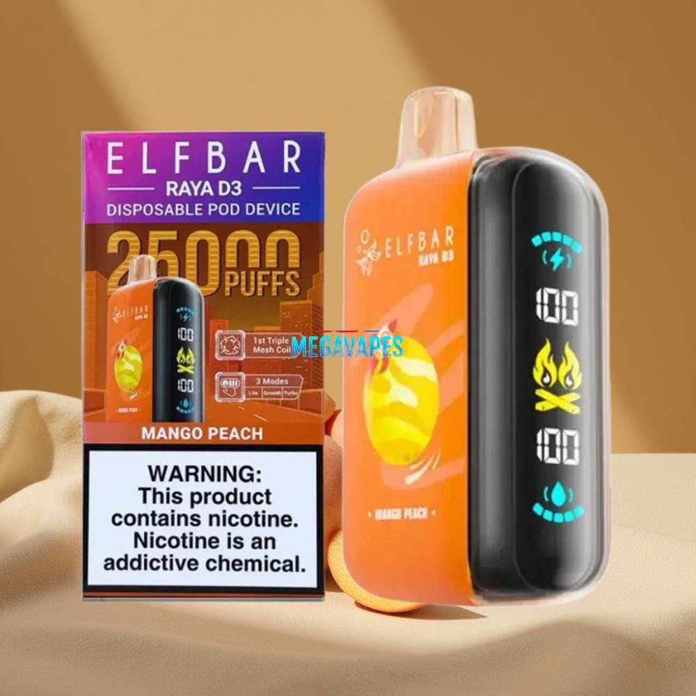 ELF BAR RAYA D3 25000 Puffs 23ml 5% Rechargeable Disposable Vape Mango Peach - Image 2